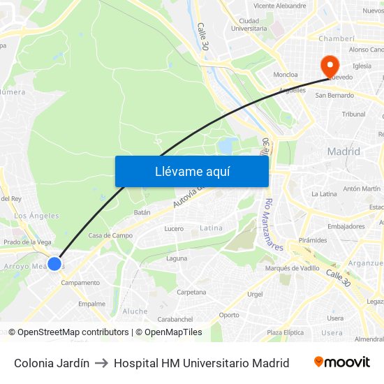 Colonia Jardín to Hospital HM Universitario Madrid map