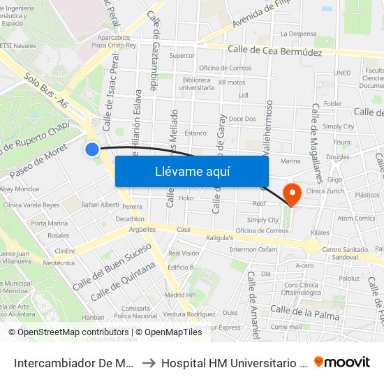 Intercambiador De Moncloa to Hospital HM Universitario Madrid map