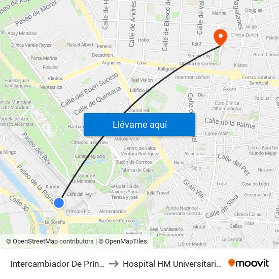 Intercambiador De Príncipe Pío to Hospital HM Universitario Madrid map