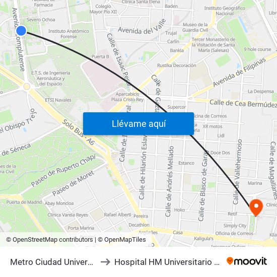 Metro Ciudad Universitaria to Hospital HM Universitario Madrid map