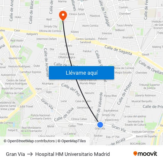 Gran Vía to Hospital HM Universitario Madrid map