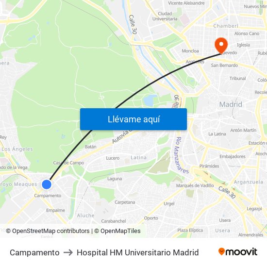 Campamento to Hospital HM Universitario Madrid map