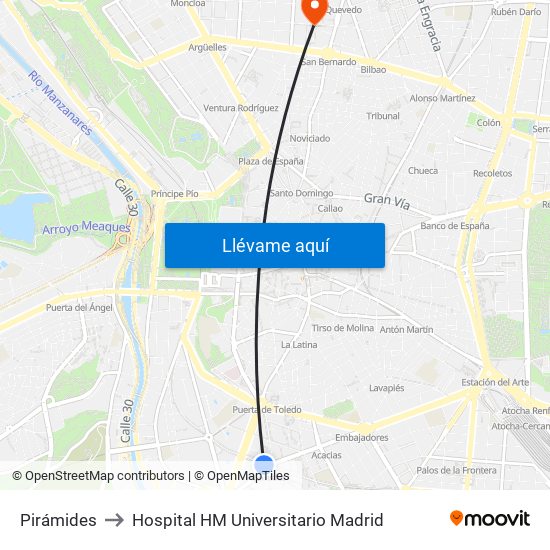 Pirámides to Hospital HM Universitario Madrid map