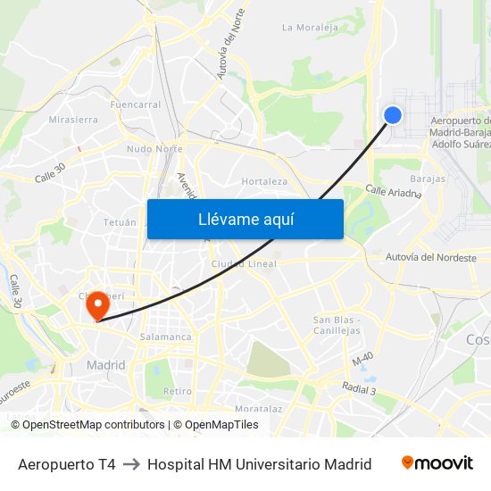 Aeropuerto T4 to Hospital HM Universitario Madrid map