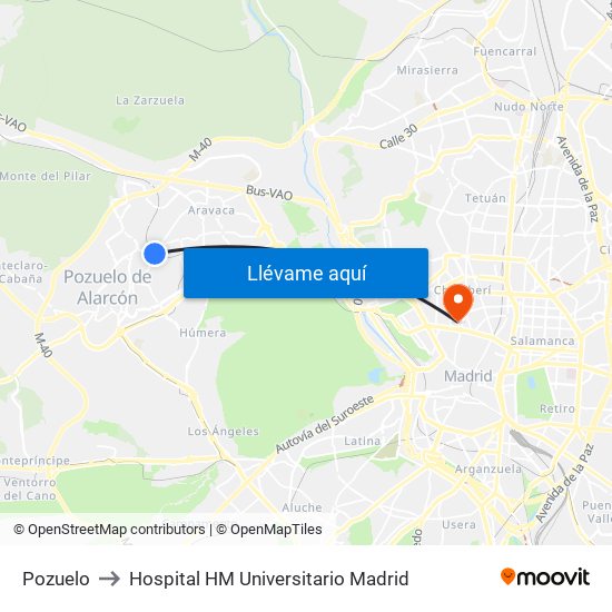 Pozuelo to Hospital HM Universitario Madrid map