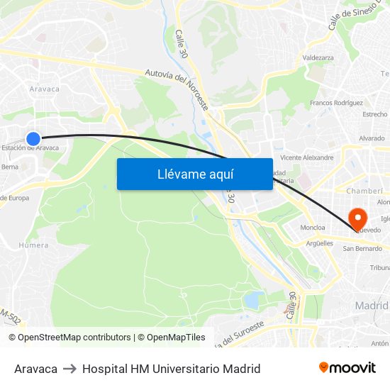 Aravaca to Hospital HM Universitario Madrid map