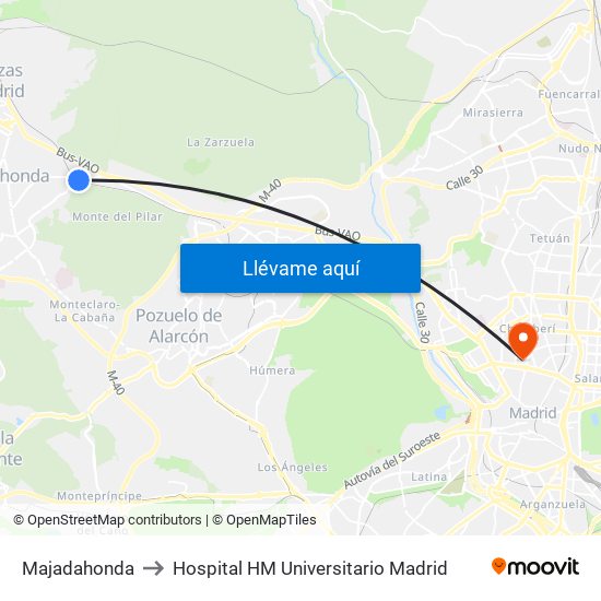 Majadahonda to Hospital HM Universitario Madrid map