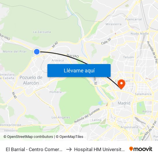 El Barrial - Centro Comercial Pozuelo to Hospital HM Universitario Madrid map