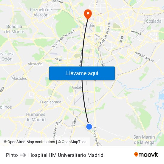 Pinto to Hospital HM Universitario Madrid map
