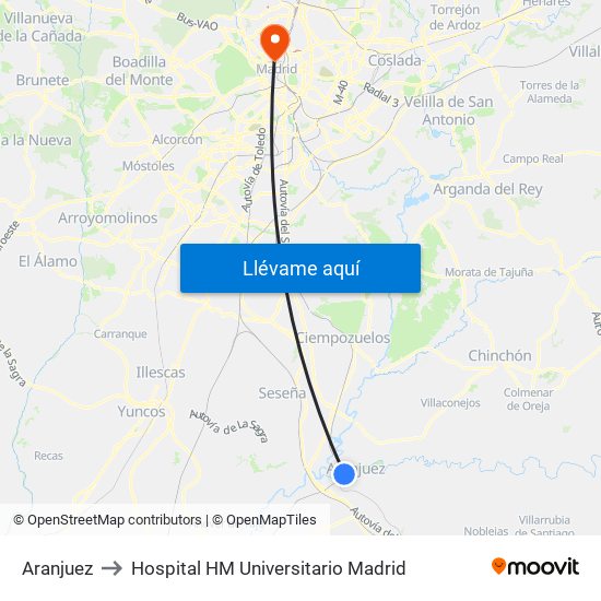 Aranjuez to Hospital HM Universitario Madrid map