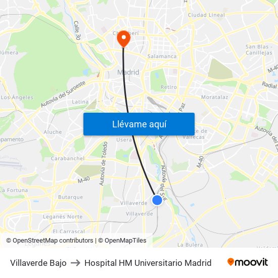 Villaverde Bajo to Hospital HM Universitario Madrid map