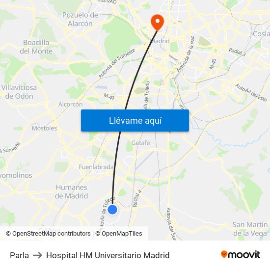 Parla to Hospital HM Universitario Madrid map