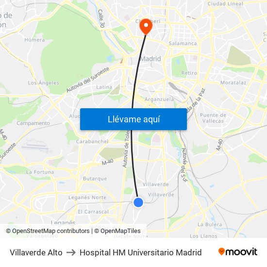 Villaverde Alto to Hospital HM Universitario Madrid map