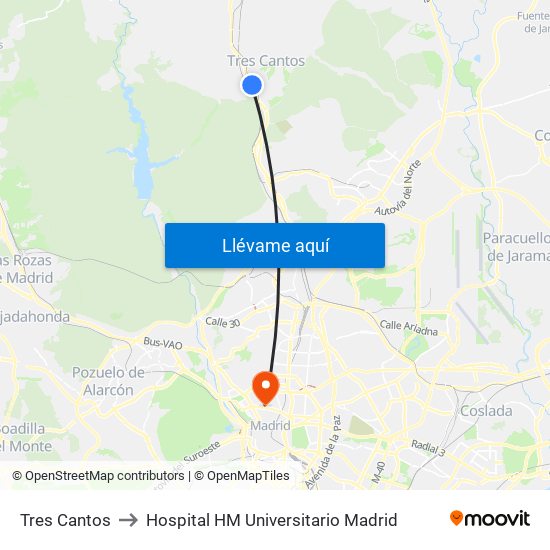 Tres Cantos to Hospital HM Universitario Madrid map