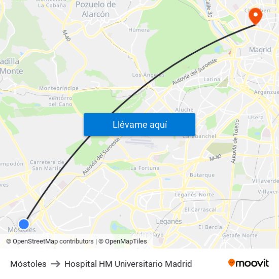 Móstoles to Hospital HM Universitario Madrid map