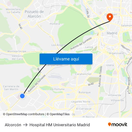 Alcorcón to Hospital HM Universitario Madrid map