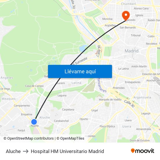 Aluche to Hospital HM Universitario Madrid map