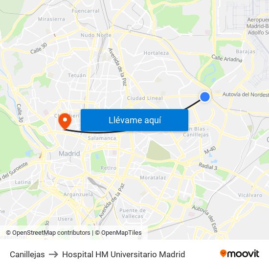 Canillejas to Hospital HM Universitario Madrid map