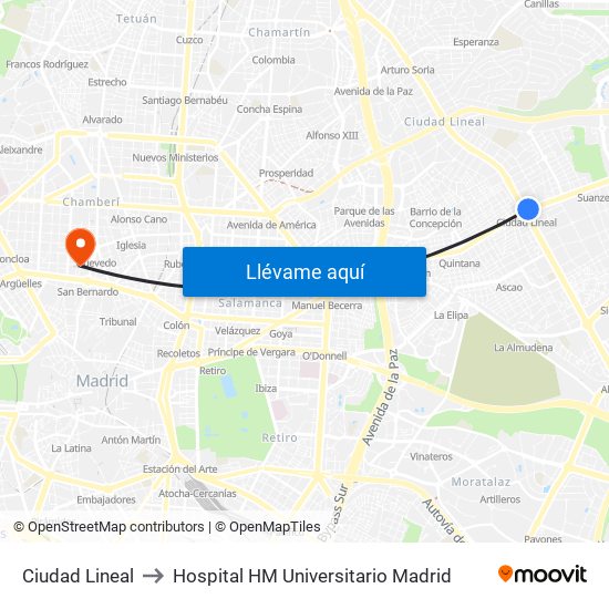 Ciudad Lineal to Hospital HM Universitario Madrid map
