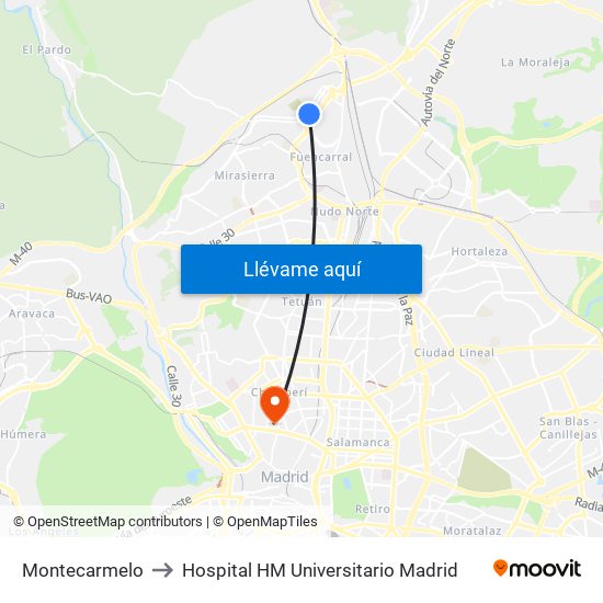 Montecarmelo to Hospital HM Universitario Madrid map