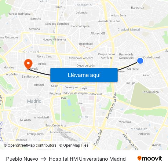 Pueblo Nuevo to Hospital HM Universitario Madrid map