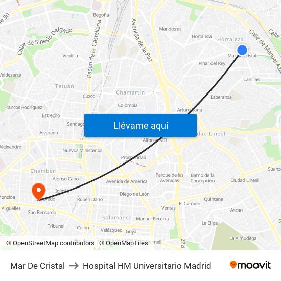 Mar De Cristal to Hospital HM Universitario Madrid map