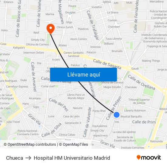 Chueca to Hospital HM Universitario Madrid map