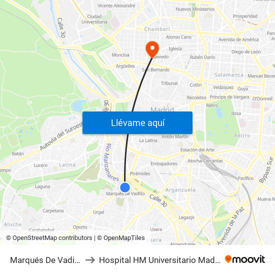 Marqués De Vadillo to Hospital HM Universitario Madrid map