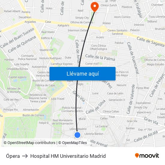 Ópera to Hospital HM Universitario Madrid map