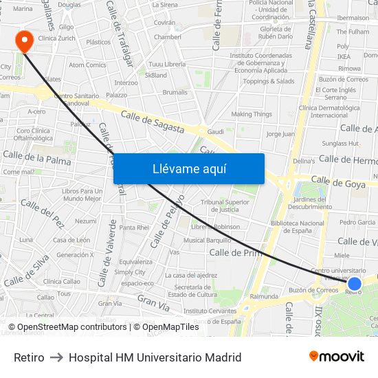 Retiro to Hospital HM Universitario Madrid map