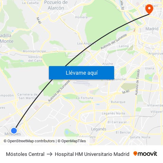 Móstoles Central to Hospital HM Universitario Madrid map