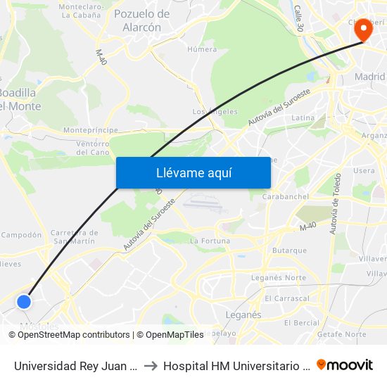 Universidad Rey Juan Carlos to Hospital HM Universitario Madrid map
