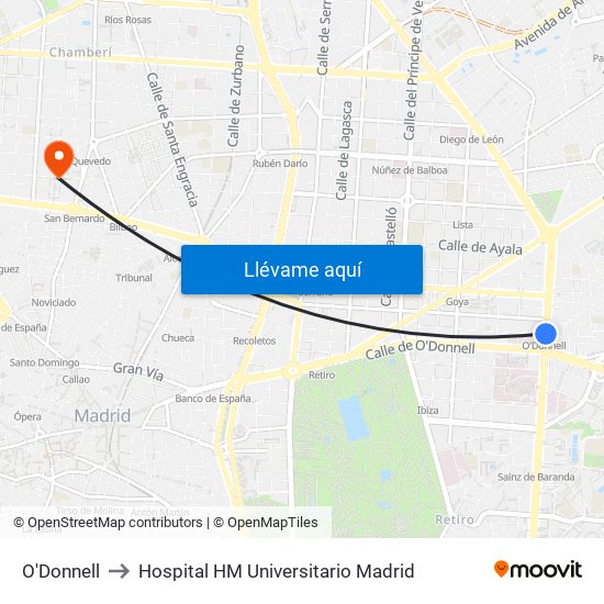 O'Donnell to Hospital HM Universitario Madrid map