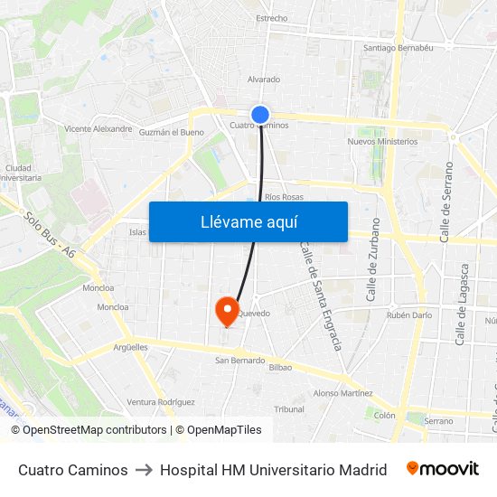 Cuatro Caminos to Hospital HM Universitario Madrid map