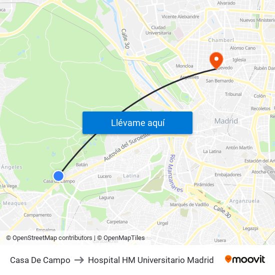 Casa De Campo to Hospital HM Universitario Madrid map