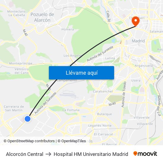 Alcorcón Central to Hospital HM Universitario Madrid map