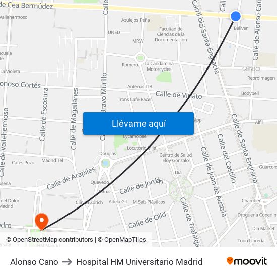 Alonso Cano to Hospital HM Universitario Madrid map