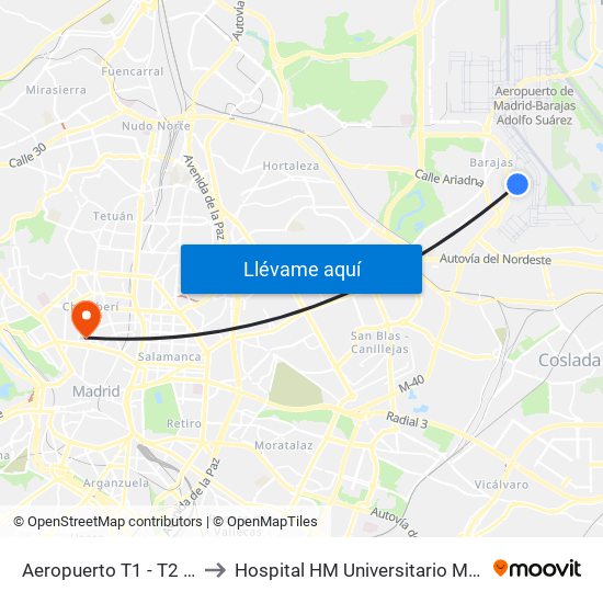 Aeropuerto T1 - T2 - T3 to Hospital HM Universitario Madrid map