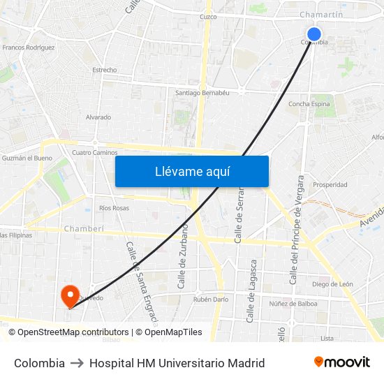 Colombia to Hospital HM Universitario Madrid map