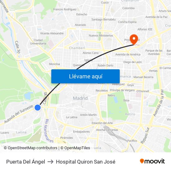 Puerta Del Ángel to Hospital Quiron San José map
