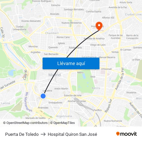 Puerta De Toledo to Hospital Quiron San José map