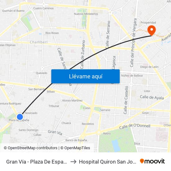 Gran Vía - Plaza De España to Hospital Quiron San José map