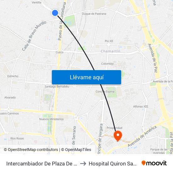 Intercambiador De Plaza De Castilla to Hospital Quiron San José map