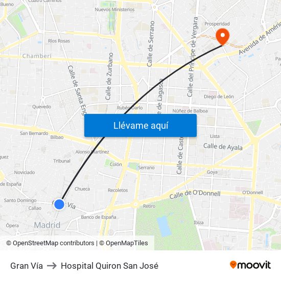 Gran Vía to Hospital Quiron San José map