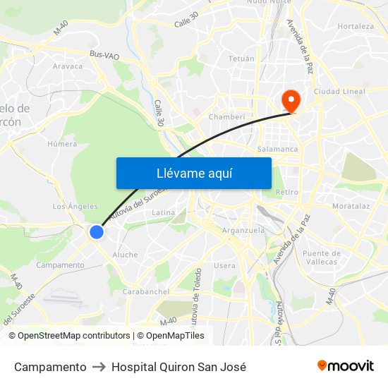 Campamento to Hospital Quiron San José map