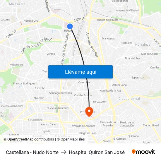 Castellana - Nudo Norte to Hospital Quiron San José map