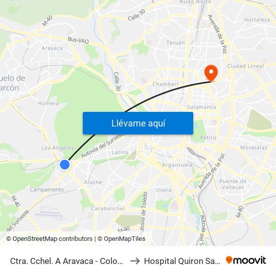 Ctra. Cchel. A Aravaca - Colonia Jardín to Hospital Quiron San José map