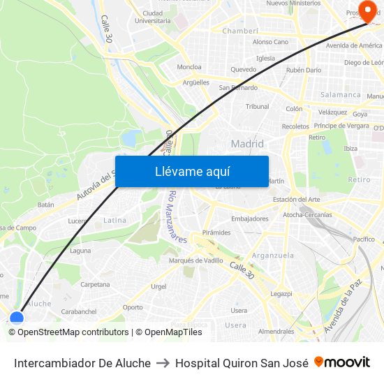 Intercambiador De Aluche to Hospital Quiron San José map