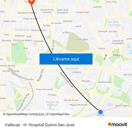 Vallecas to Hospital Quiron San José map