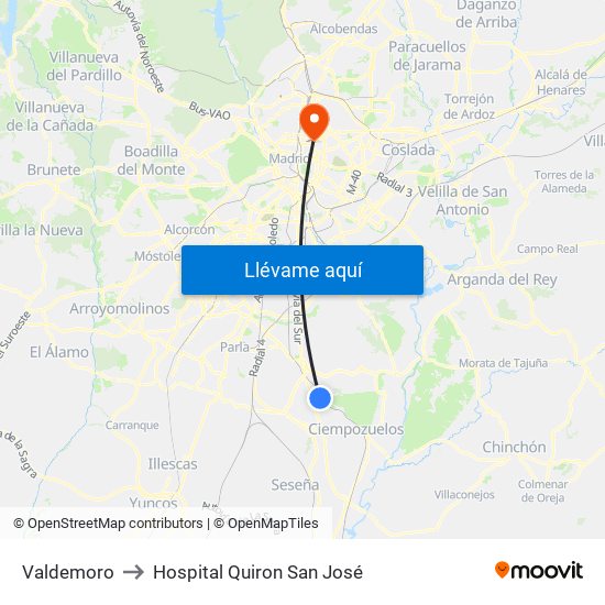 Valdemoro to Hospital Quiron San José map